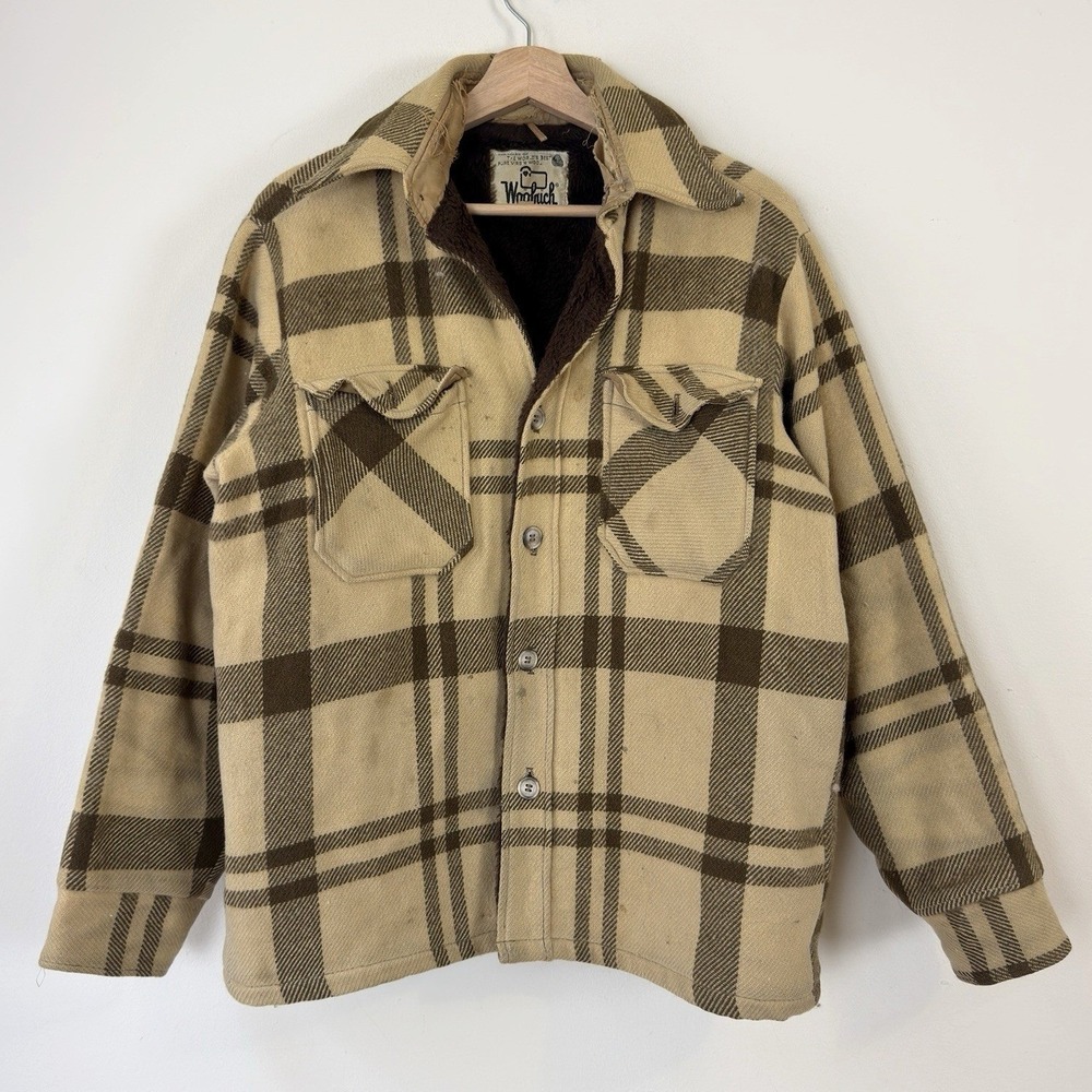 Vintage Woolrich Hunting Sherpa Lined Plaid Brown Tan Button Coat Jacket Medium
